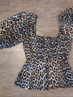 Ganni Leopard Square-Neck Puff Sleeve Top - Tan/Black
